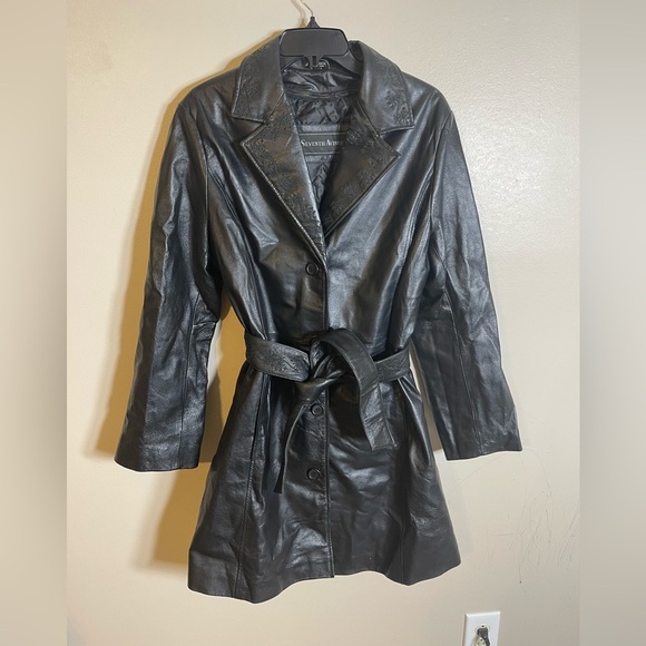 Seventh Avenue 100% Leather Floral Detail Collared Belted Trench Coat L - Picture 1 of 5